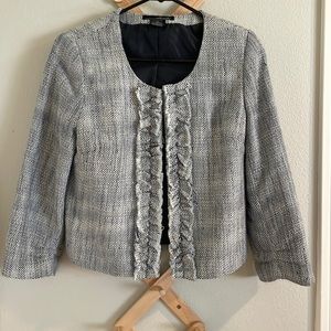 Textured suit jacket with hook eye closure crop length